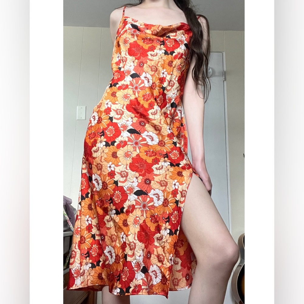 Floral Cowl Neck Slip Dress in Red and Orange